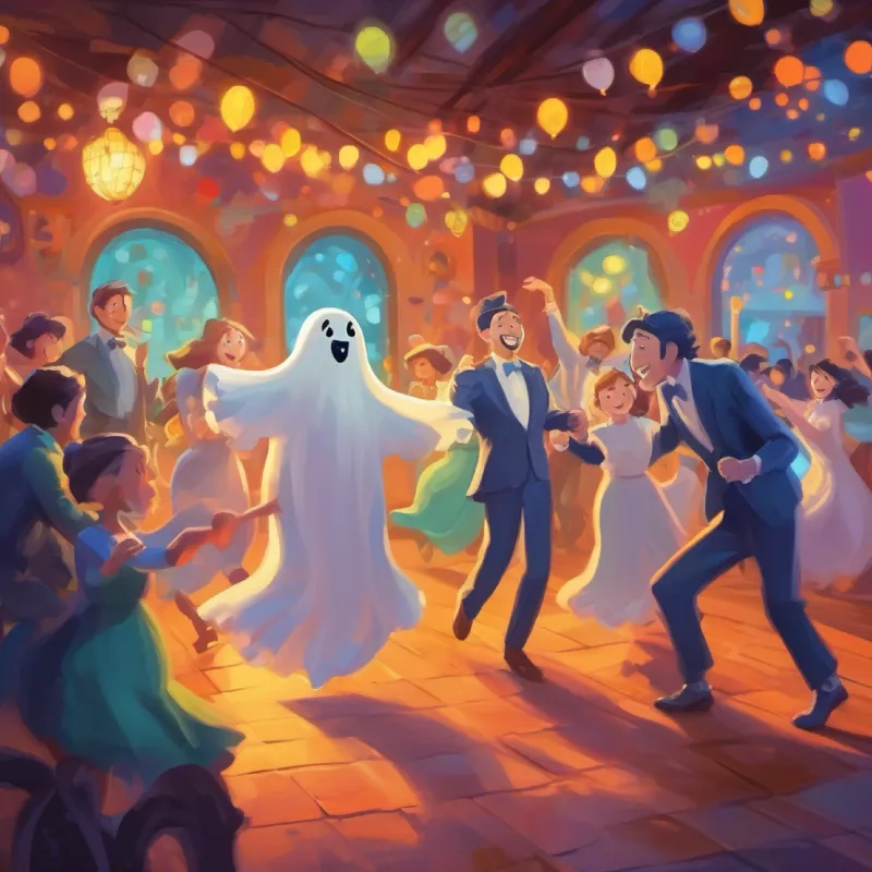 All the ghosts enjoy the party with dances and laughs.