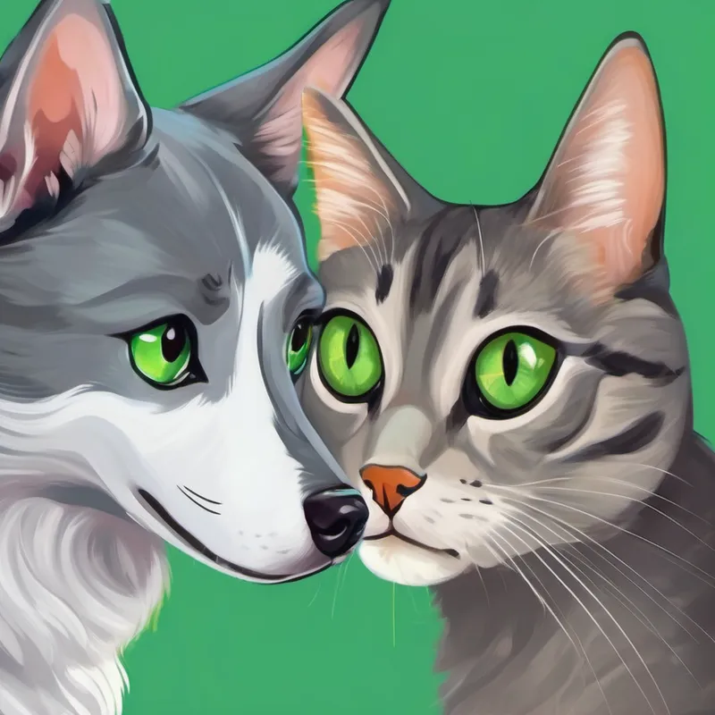Dog and curious gray cat with bright green eyes living next to each other
