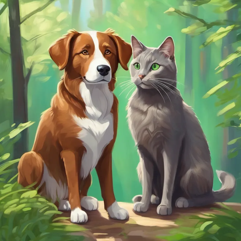 Lonely friendly brown dog with a wagging tail and curious gray cat with bright green eyes