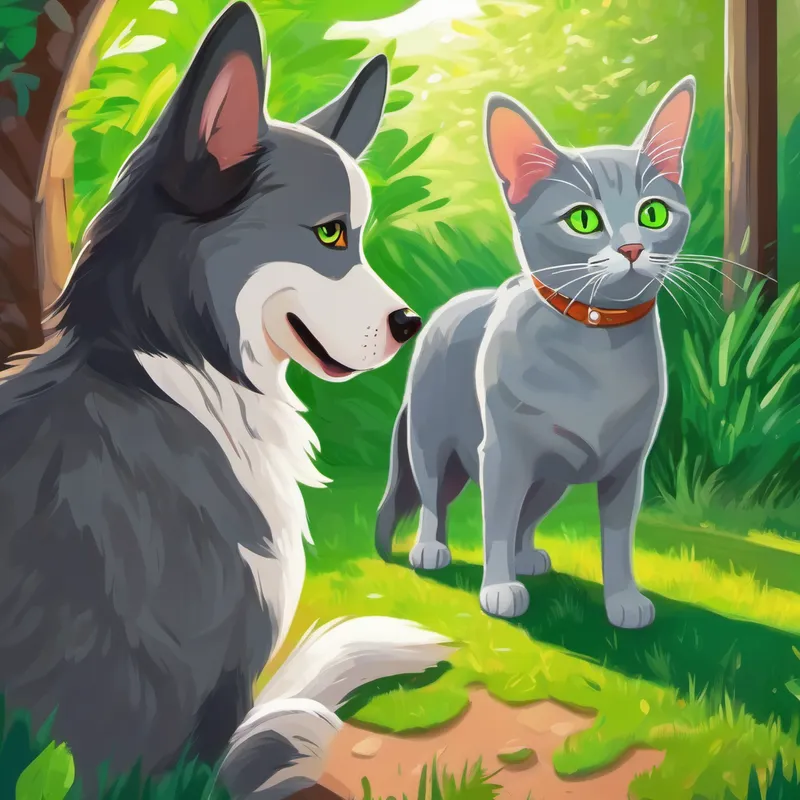 Dog and curious gray cat with bright green eyes becoming friends in the backyard