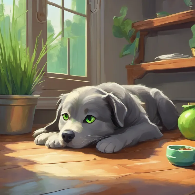 Dog and curious gray cat with bright green eyes playing, eating, and sleeping together