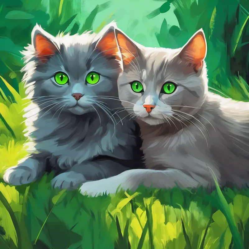 Dog and curious gray cat with bright green eyes protecting each other