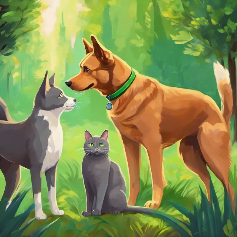 Growing stronger friendship between friendly brown dog with a wagging tail and curious gray cat with bright green eyes