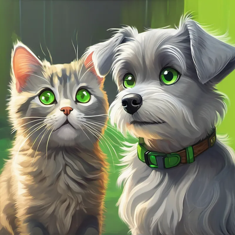 Dog and curious gray cat with bright green eyes teaching each other and having fun
