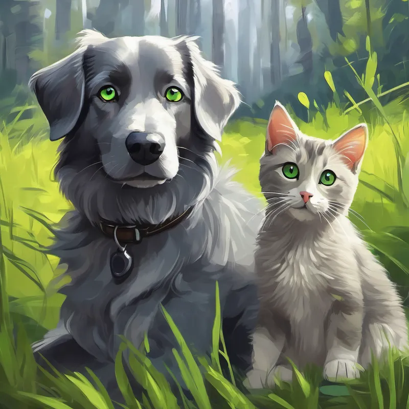 Dog and curious gray cat with bright green eyes becoming best friends