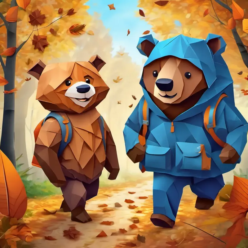 Friendly, brown spider with twinkling eyes and a mischievous smile meets Furry, brown bear with a big belly and a friendly grin the bear, who is wearing a blue backpack and walking on a path covered with fallen leaves.