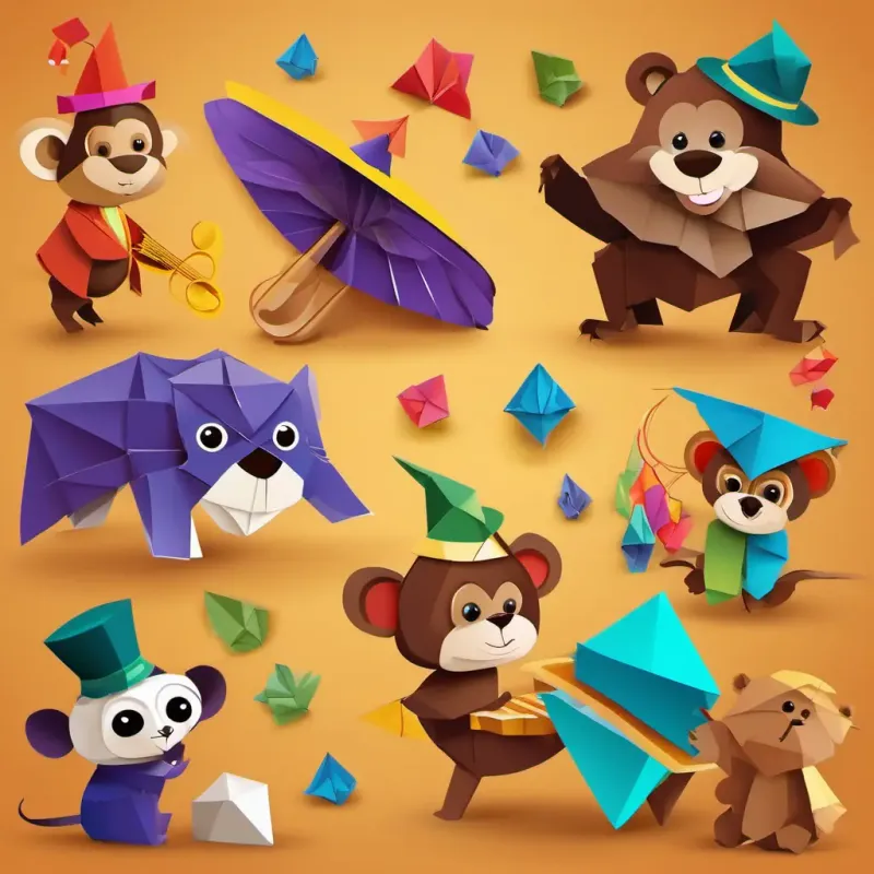 Friendly, brown spider with twinkling eyes and a mischievous smile and Furry, brown bear with a big belly and a friendly grin find Curious, brown monkey with a colorful magician's hat the monkey, dressed in a magician's hat, playing a magical melody on her xylophone.