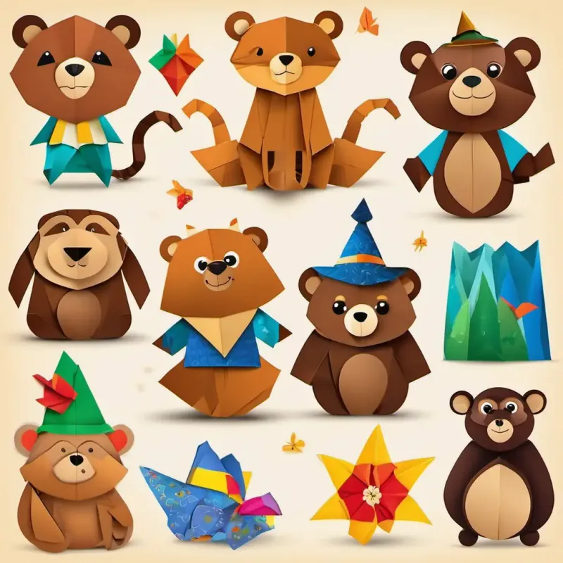 Friendly, brown spider with twinkling eyes and a mischievous smile, Furry, brown bear with a big belly and a friendly grin, and Curious, brown monkey with a colorful magician's hat plan to return to the forest the next day for more fun and adventures.