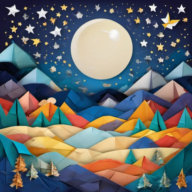 The story concludes with a simple 'The end!' surrounded by stars and moonlight, indicating nightfall.