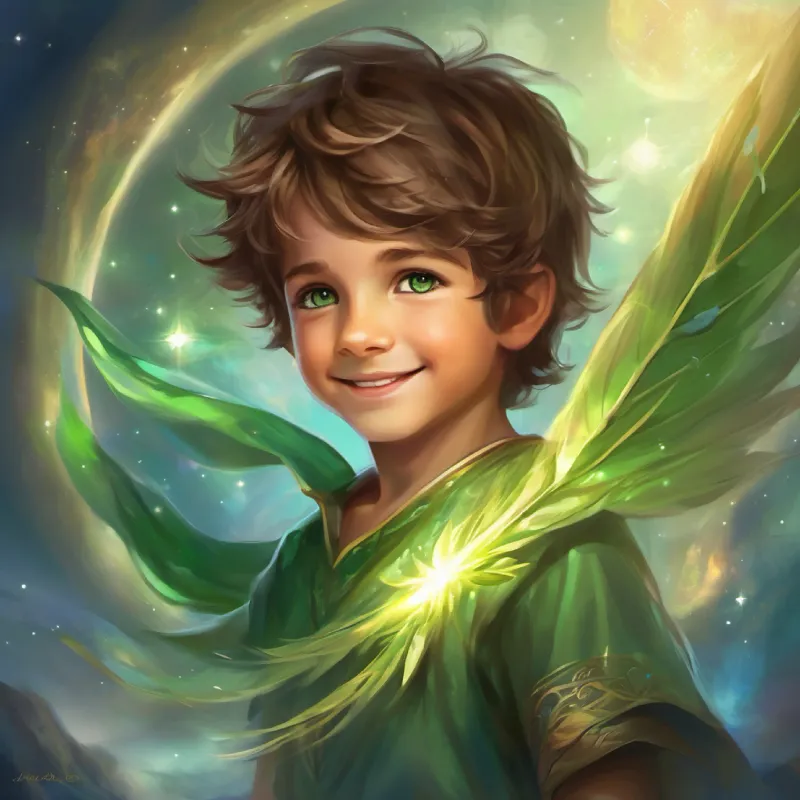 Little boy, brown hair, green eyes, always smiling acknowledges his personal growth and the achievements of facing his fears and embracing new experiences.