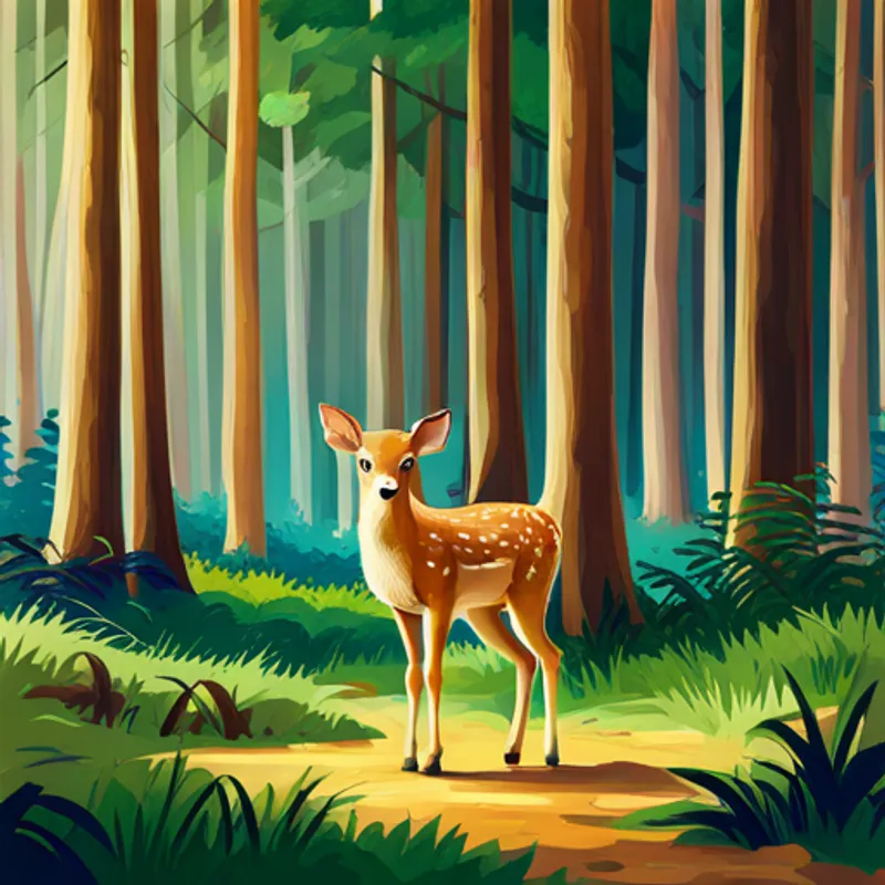 Fawn standing in a forest surrounded by trees