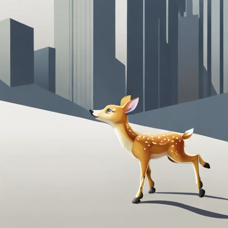 Fawn walking on a paved road with tall buildings
