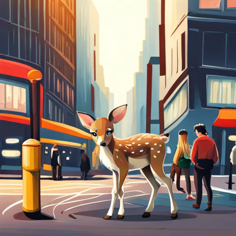 Fawn looking worried in a busy street