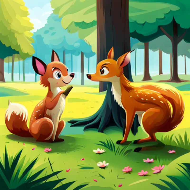 Fawn and squirrel meeting in a park