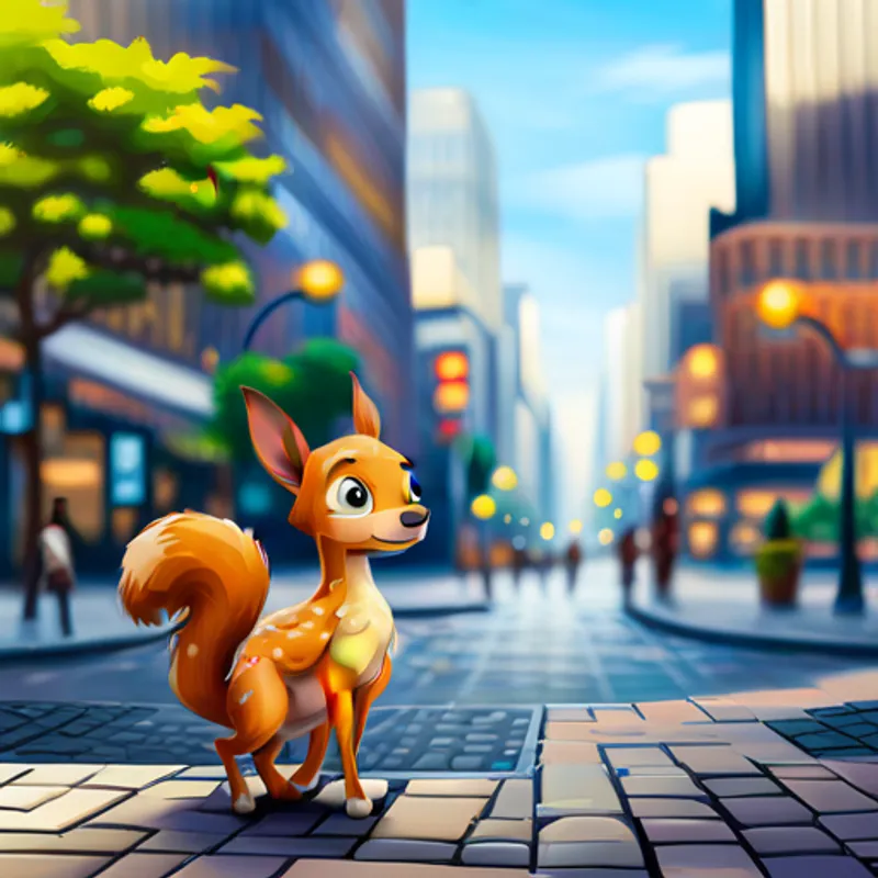 Fawn and squirrel determinedly exploring the city
