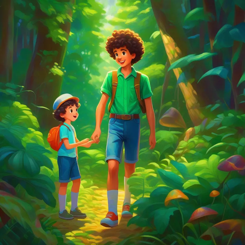 A little boy with curly hair, wearing a green t-shirt and shorts and A tall and kind-looking man with a moustache, wearing a blue checkered shirt and jeans discovering a hidden object in a colorful forest