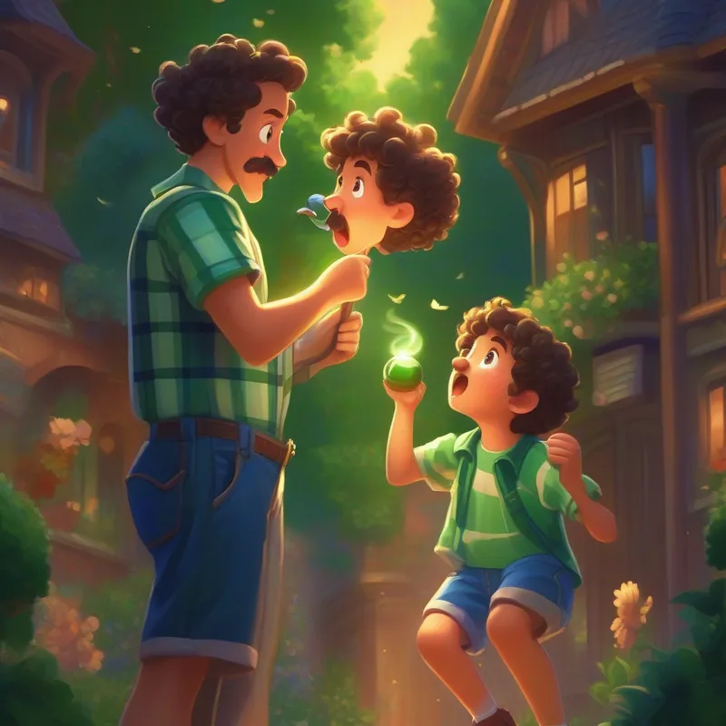 A little boy with curly hair, wearing a green t-shirt and shorts blowing on the magical whistle while A tall and kind-looking man with a moustache, wearing a blue checkered shirt and jeans watches in surprise