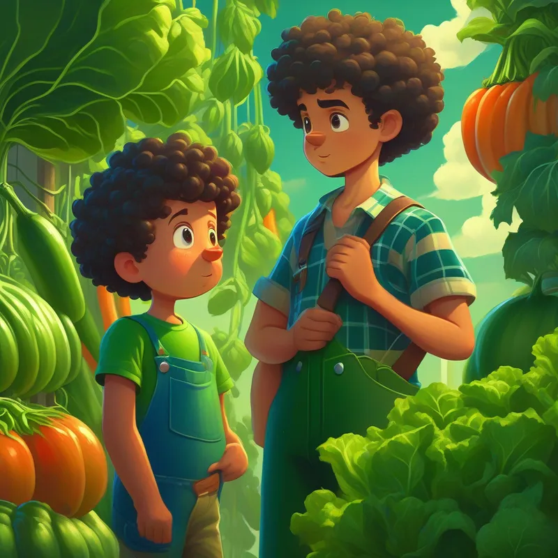 A little boy with curly hair, wearing a green t-shirt and shorts making vegetables grow gigantic while A tall and kind-looking man with a moustache, wearing a blue checkered shirt and jeans looks concerned