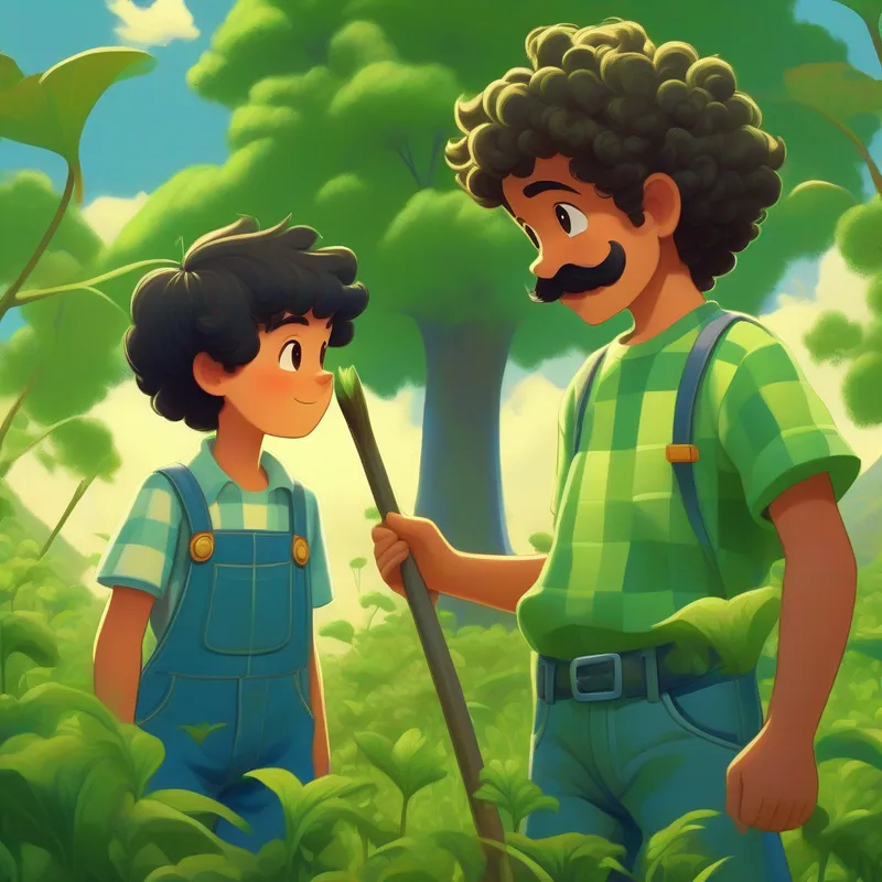 A little boy with curly hair, wearing a green t-shirt and shorts and A tall and kind-looking man with a moustache, wearing a blue checkered shirt and jeans planting trees and transforming a barren land