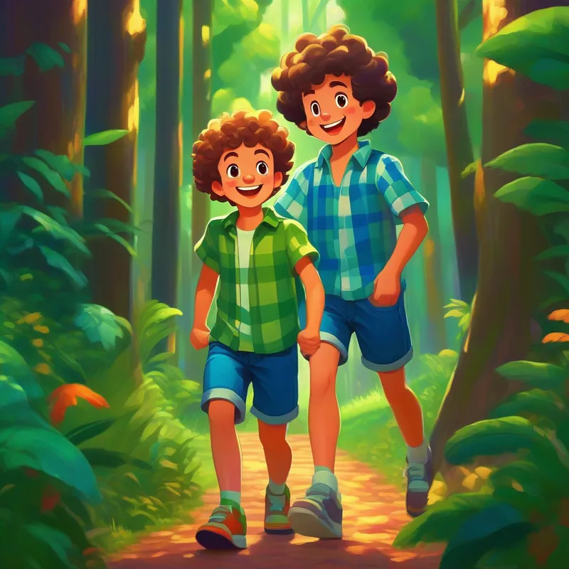 A little boy with curly hair, wearing a green t-shirt and shorts and A tall and kind-looking man with a moustache, wearing a blue checkered shirt and jeans smiling while surrounded by a vibrant forest