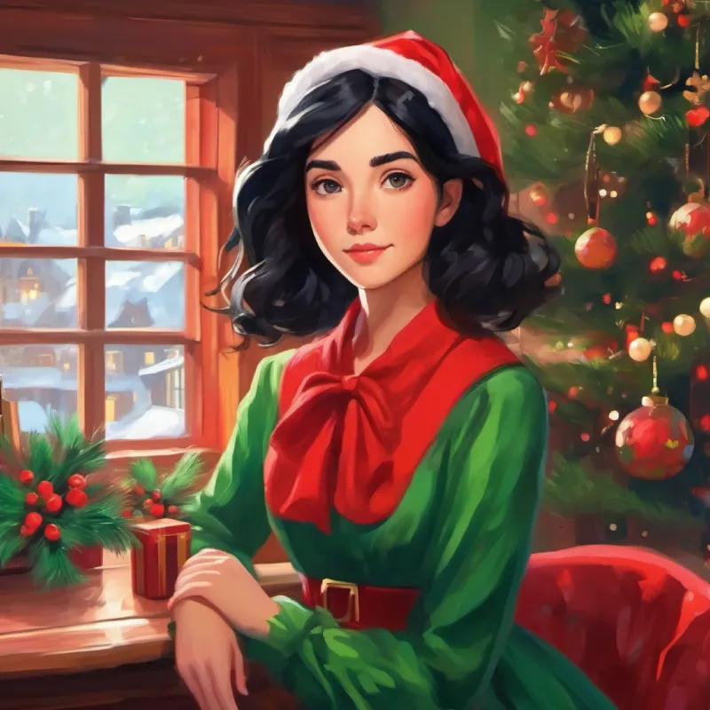 Intro to Girl with black hair, green eyes, wearing a red dress at home, calm and peaceful.