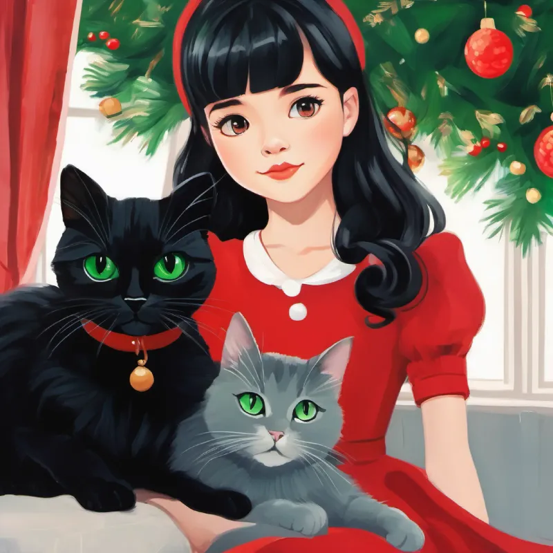 Girl with black hair, green eyes, wearing a red dress next to a cat, both with similar looks.