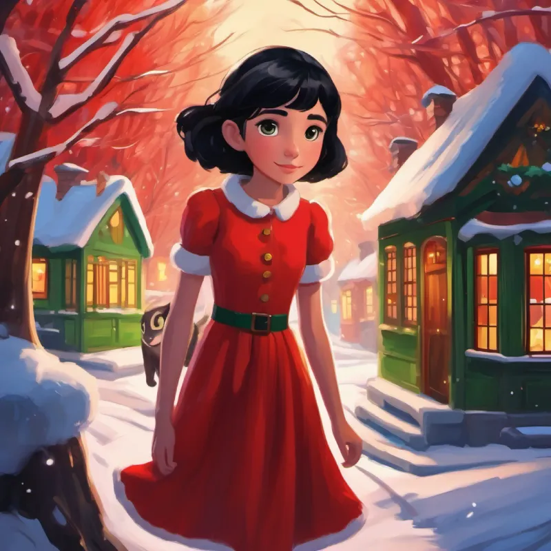 Girl with black hair, green eyes, wearing a red dress's new friends aid in finding her home.