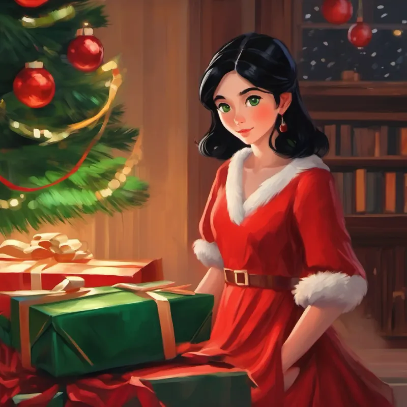 Girl with black hair, green eyes, wearing a red dress back at home, feeling content and secure.