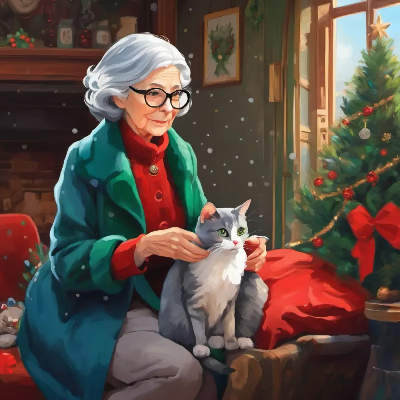 Elderly woman, gray hair, glasses, blue coat spots Girl with black hair, green eyes, wearing a red dress, mistaking her for the cat.
