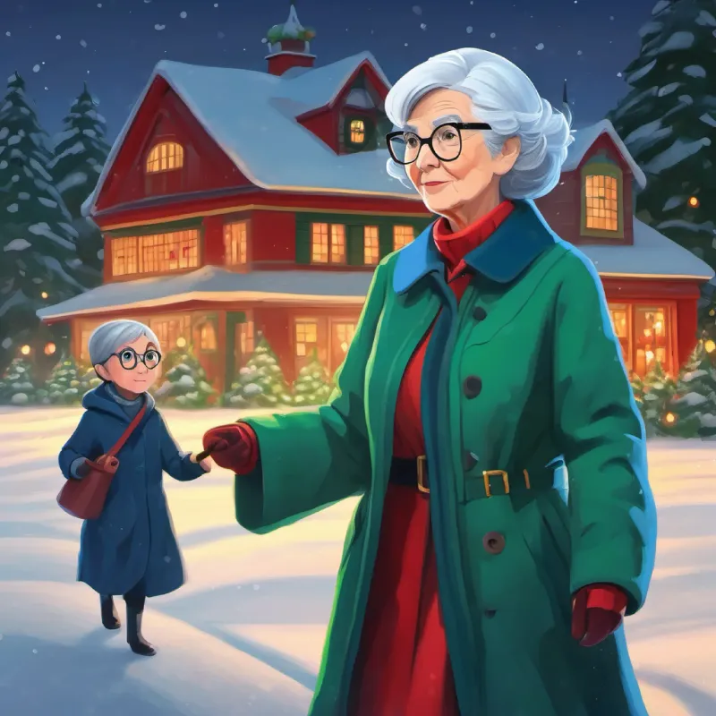 Elderly woman, gray hair, glasses, blue coat approaches, mistaking Girl with black hair, green eyes, wearing a red dress for a lost pet.