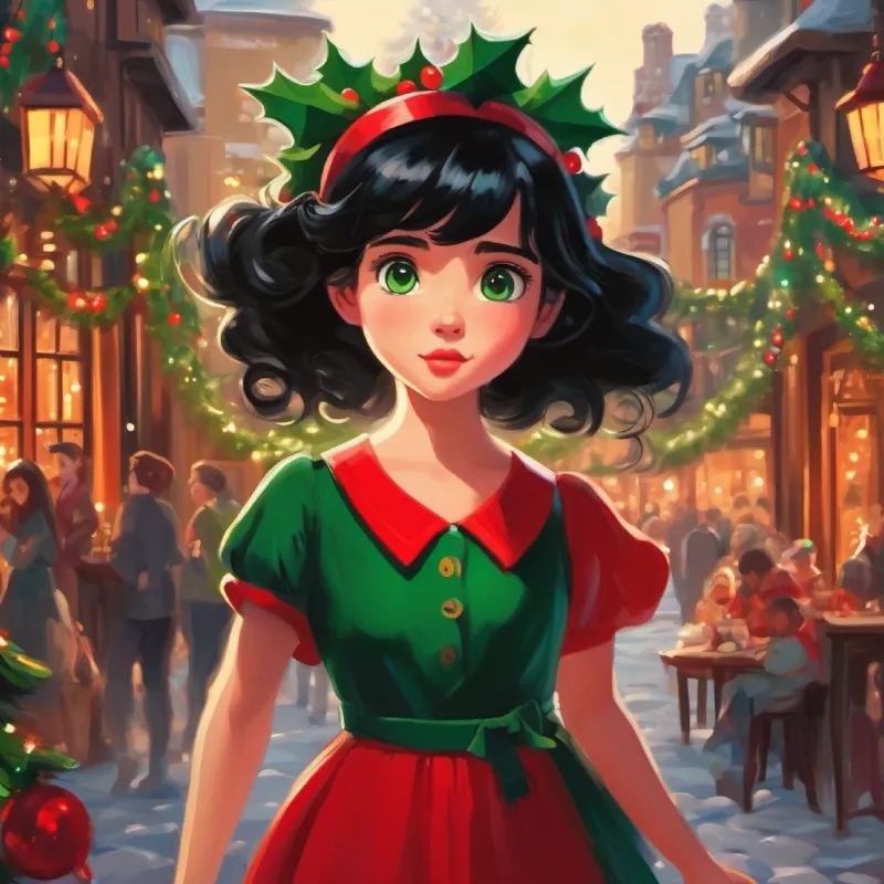 Girl with black hair, green eyes, wearing a red dress is mistakenly picked up, creating confusion.