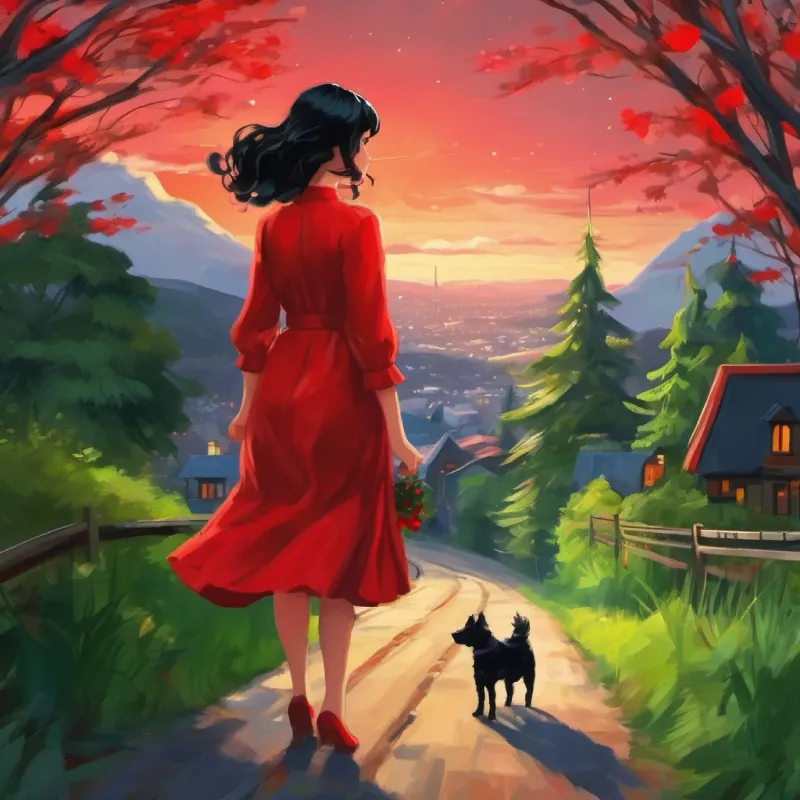 Girl with black hair, green eyes, wearing a red dress is transported far from home by mistake.