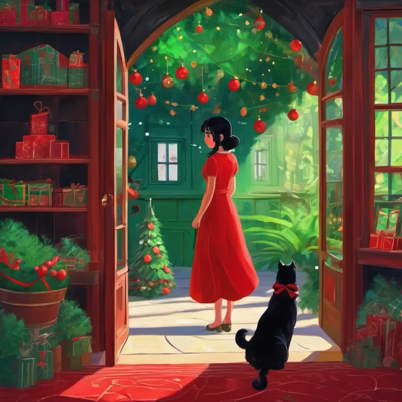 Girl with black hair, green eyes, wearing a red dress in a new environment, feeling lost.