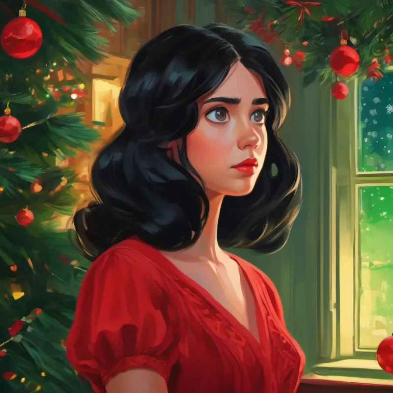 Girl with black hair, green eyes, wearing a red dress experiences fear and longing for home.
