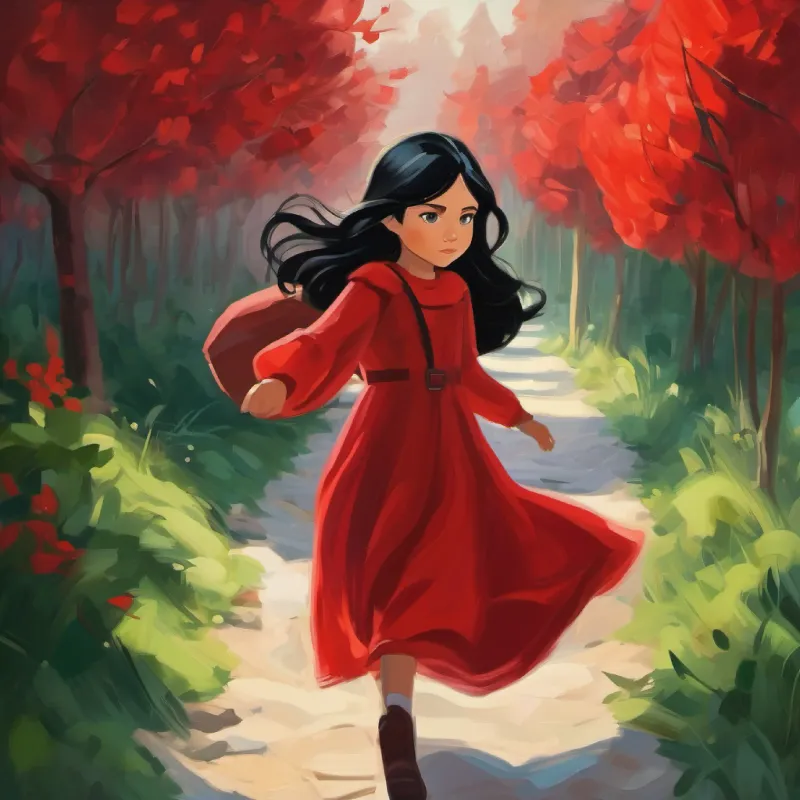 Girl with black hair, green eyes, wearing a red dress starts her journey, determined but tired.