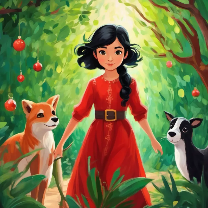 Girl with black hair, green eyes, wearing a red dress makes animal friends on her journey.