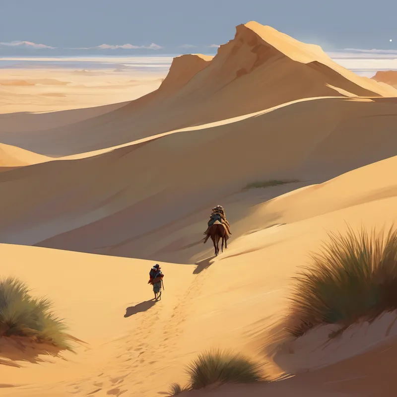 The rocks replied in rumbling voices, "Steadfastness, young dune. Weather the storms and sandstorms, and you shall provide shade to all those seek refuge." With newfound determination, Danny pressed on. He climbed the tall dunes, made friends with the camels, and lived through blistering days and freezing nights. His sandy body grew stronger, and his resolve burned brighter.