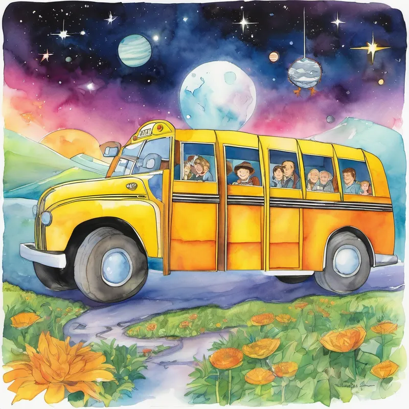 As time went on, Bernie became their trusted guide. They traveled to far-off planets, encountering extraterrestrial life and marveling at the wonders of the universe. They witnessed the birth of stars, surfed on interstellar waves, and explored vibrant alien civilizations. With each adventure, their knowledge expanded, and their minds opened up to infinite possibilities. Through the Enchanted School Bus, the students experienced history, science, and the cosmos firsthand. They formed a lifelong bond, sharing exciting stories and discoveries. And as they grew older, they realized that Bernie had given them something much more valuable than knowledge – an insatiable curiosity and a hunger for exploration.