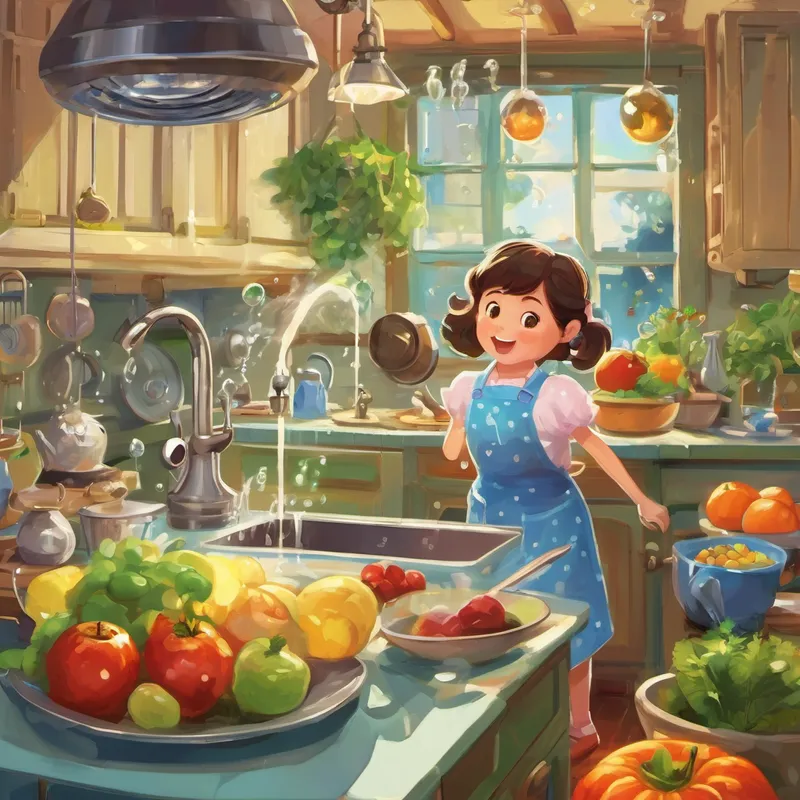 Once upon a time, in the heart of a bustling kitchen, lived a magical faucet. This kitchen was full of excitement, with pots and pans clattering, delicious aromas filling the air, and fruits and vegetables being chopped and diced by busy cooks. But the faucet, with its special power, added an extra touch of magic to the already joyful atmosphere. You see, every time the faucet was turned on, instead of water, out popped a playful animated bubble with human features. This wasn't just any bubble; it could talk, dance, and even sing! The bubble, named Bubbly, was always eager to explore the kitchen wonderland.