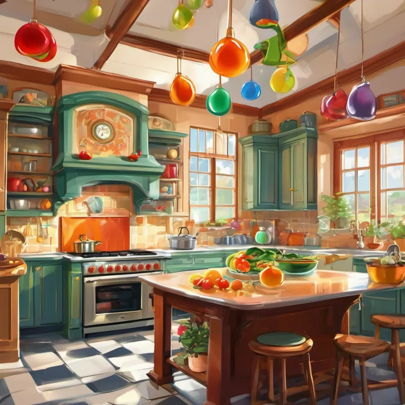 As soon as it floated out of the faucet, Bubbly soared through the kitchen, twirling and giggling. It would go up high, almost touching the ceiling, and then gracefully descend towards the shiny pots and pans. The other kitchen appliances and utensils would cheer and applaud, excited to see their bubbly friend. Bubbly loved to entertain, and it knew just how to make everyone laugh. It would bounce on the countertops, juggle spoons, and even balance a fork on its nose. The kitchen staff and even the fruits and vegetables couldn't help but smile and join in the merriment.