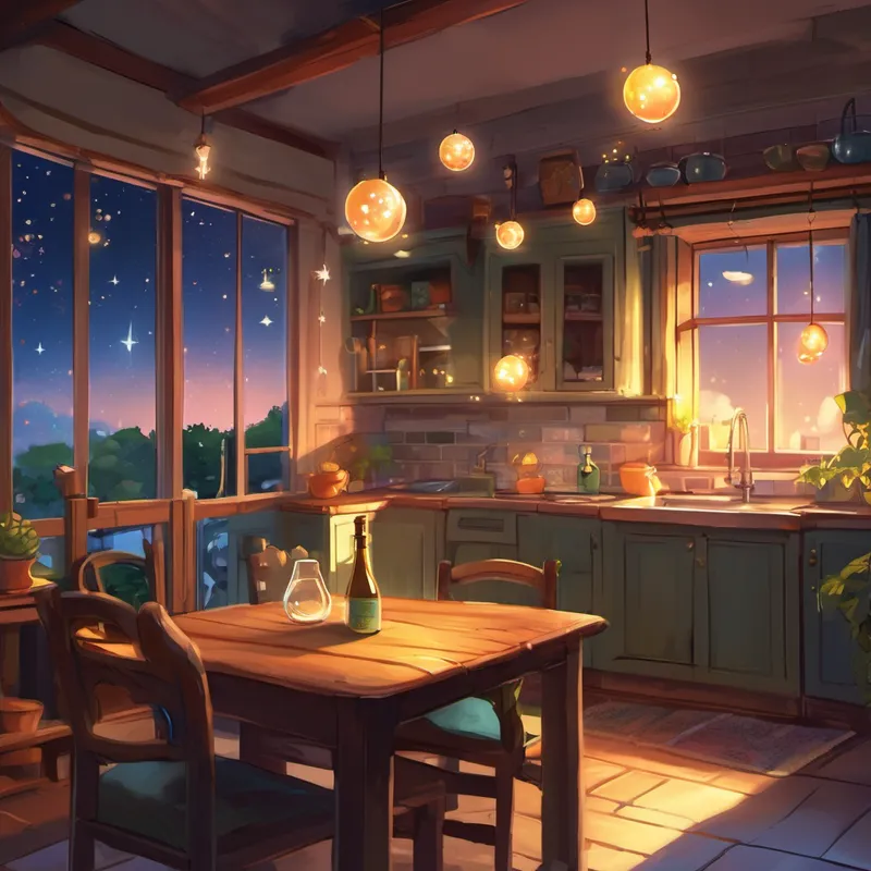 Every evening, when the cooks finished their work and the kitchen grew quiet, Bubbly would find a cozy spot on the windowsill. From there, it could see the stars twinkling in the night sky and listen to the soft lullaby sung by the crickets outside. This peaceful moment was Bubbly's favorite time of the day. But the little bubble was always curious about where it came from. It wondered if there were other magical bubbles just like it, living in different kitchens around the world. And so, one night, Bubbly made a wish upon a shooting star to find out its origin and discover its fellow bubbles.