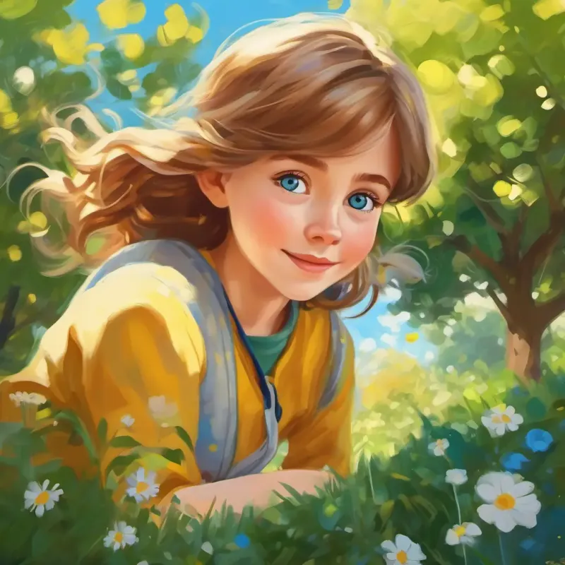 Brown hair, blue eyes, playful and curious and Blonde hair, green eyes, adventurous and imaginative playing in the garden, talking about the moon, sunny day.