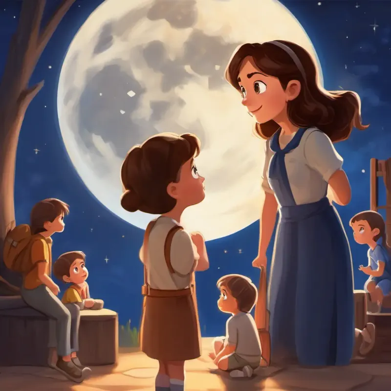 Brown hair, blue eyes, playful and curious's mum talking to the kids, skeptical about visiting the moon