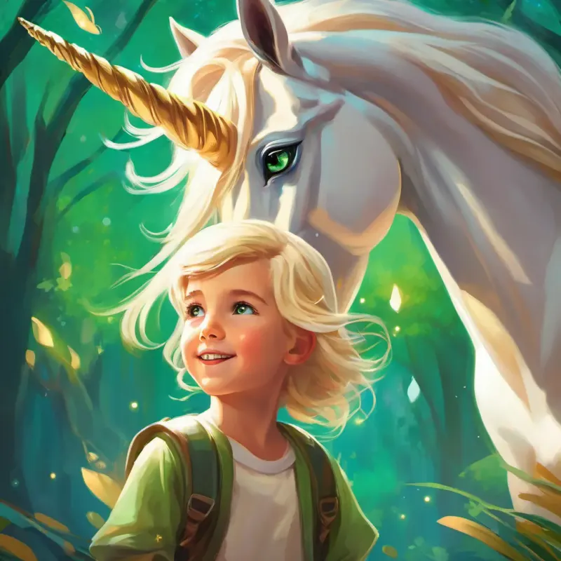 Blonde hair, green eyes, adventurous and imaginative sharing the idea of White unicorn with a shimmering horn, kind and magical, both kids looking excited.