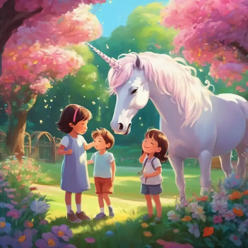 Kids closing their eyes, making a wish, and a unicorn appearing in the garden.