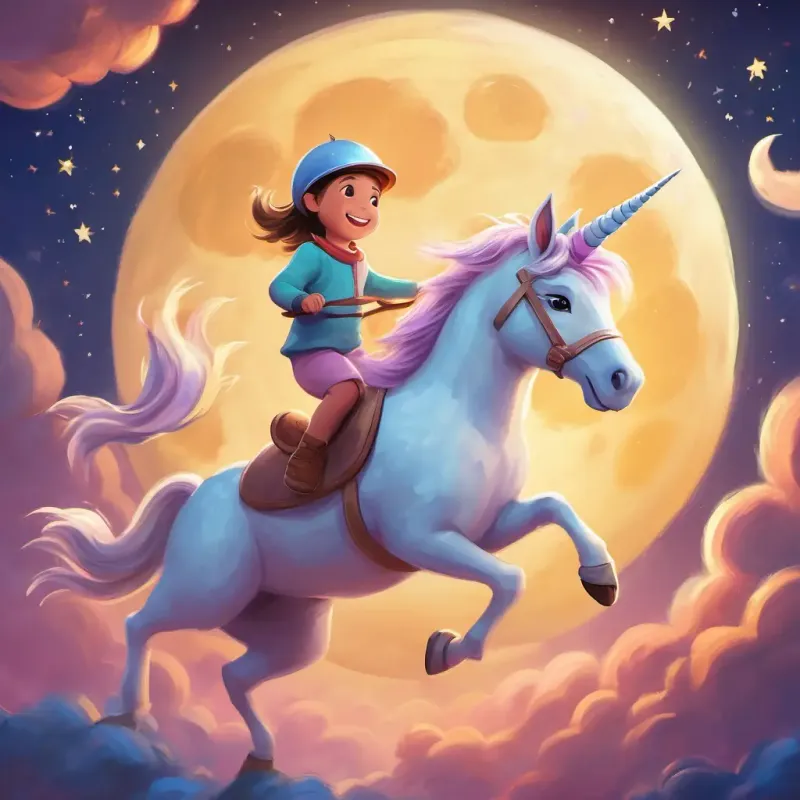 Kids riding the unicorn to the moon, playing and meeting friendly moon creatures.