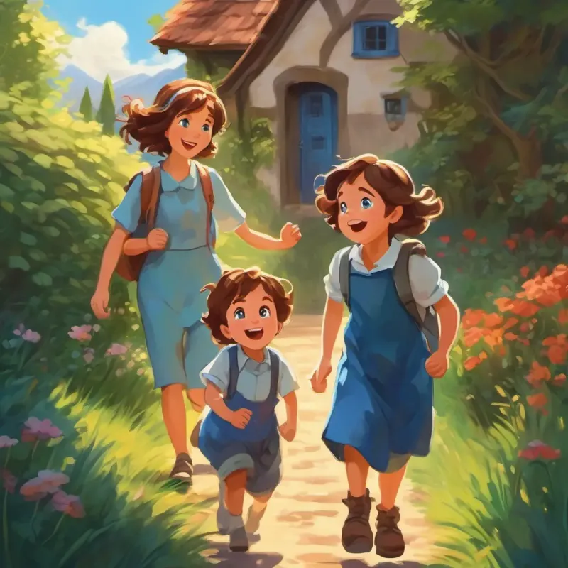 Kids returning home, excitedly telling their adventure to Brown hair, blue eyes, playful and curious's mum.