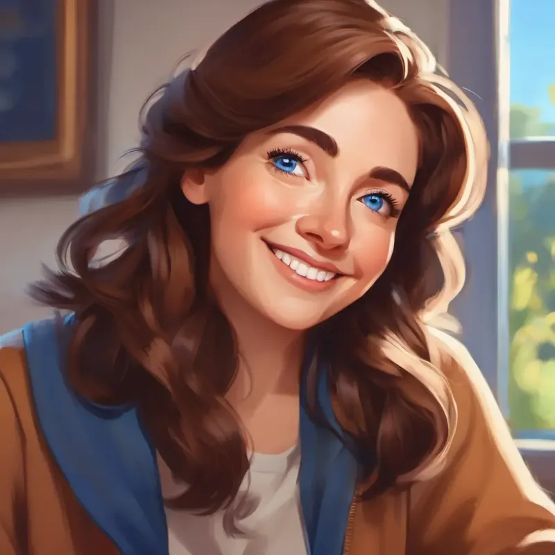 Brown hair, blue eyes, playful and curious's mum smiling and suggesting she might join them next time.