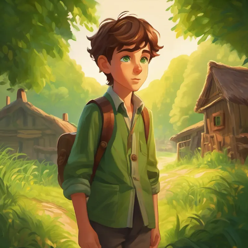 Introduction to Curious boy, brown hair, green eyes, a curious boy who lives in a faraway village.