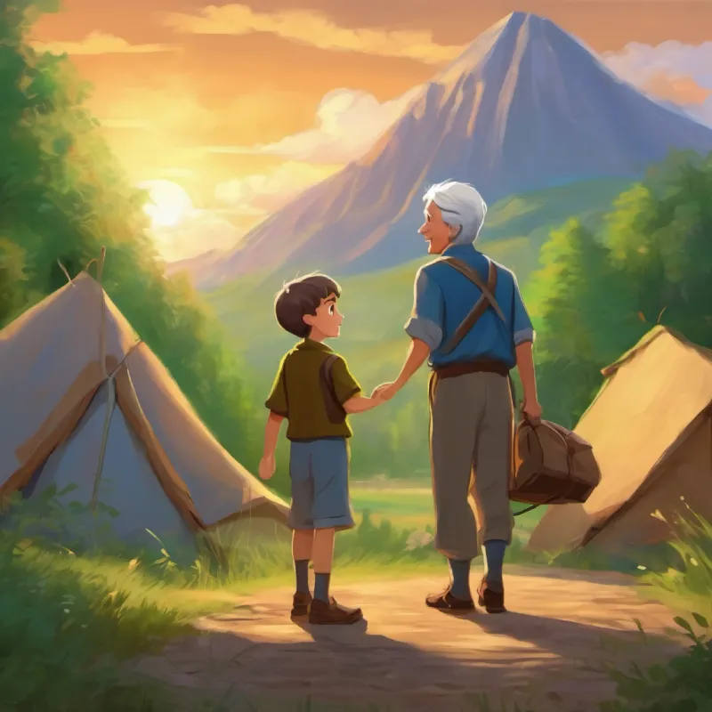 Climax: Kind man, grey hair, blue eyes welcomes Curious boy, brown hair, green eyes to the camp with open arms.